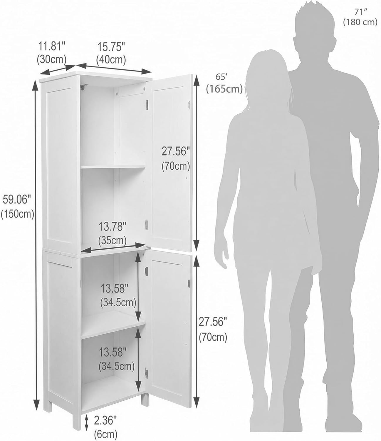 Tall Bathroom Storage Cabinet, Freestanding Bathroom Cabinet with 2 Doors & Adjustable Shelves, Floor Cabinet for Living Room, Kitchen, White