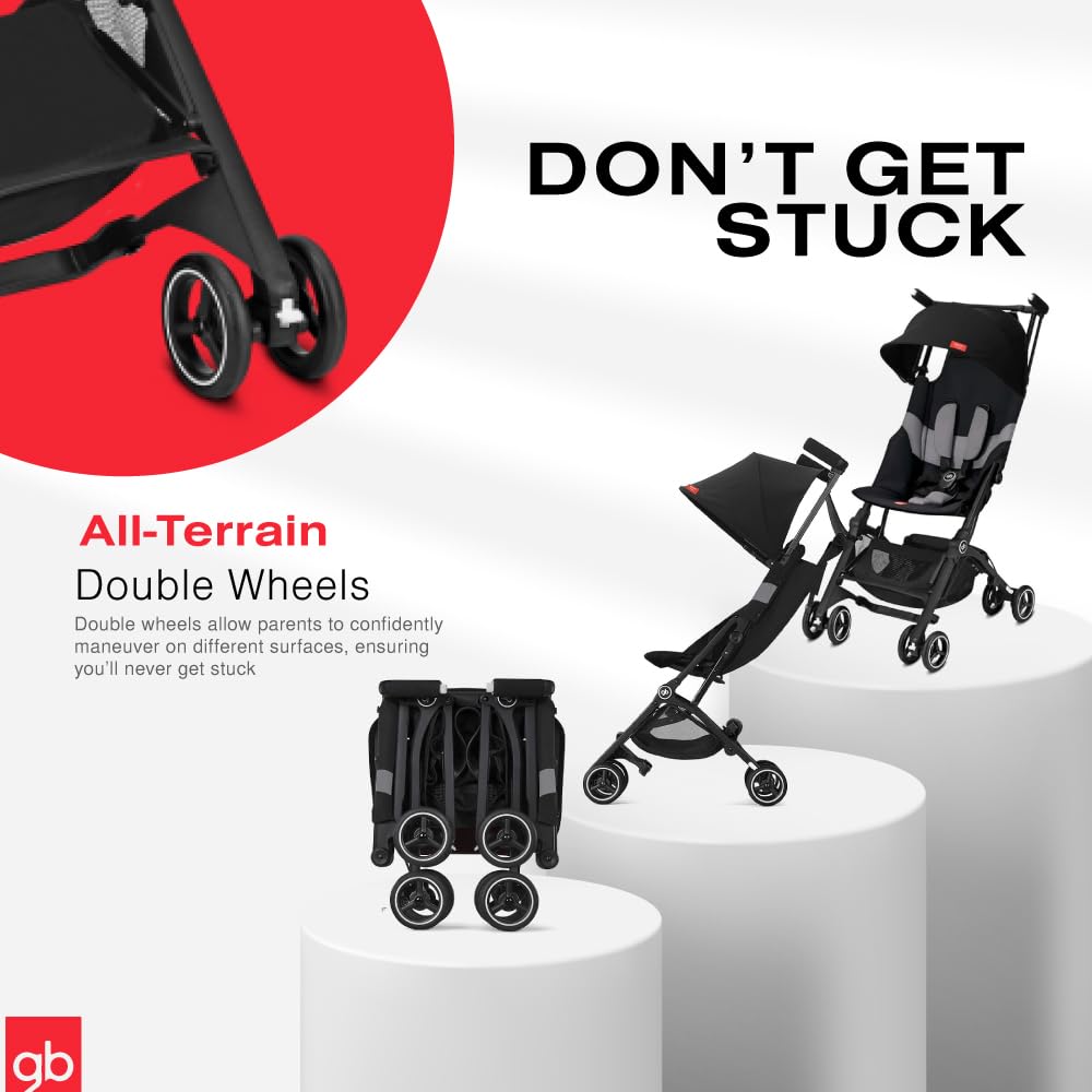 gb Pockit+ All-Terrain, Ultra Compact Lightweight Travel Stroller with Canopy and Reclining Seat in Velvet Black