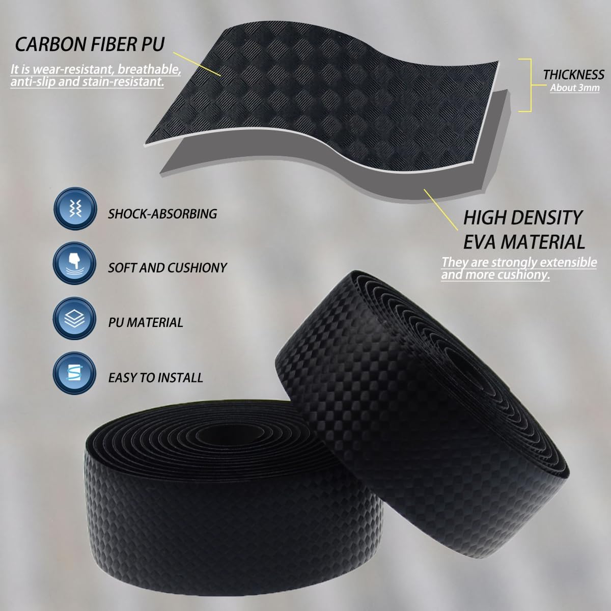 KINGOU Carbon Fiber PU Leather Road Bike Handlebar Tape Bar Tapes - 2PCS Per Set