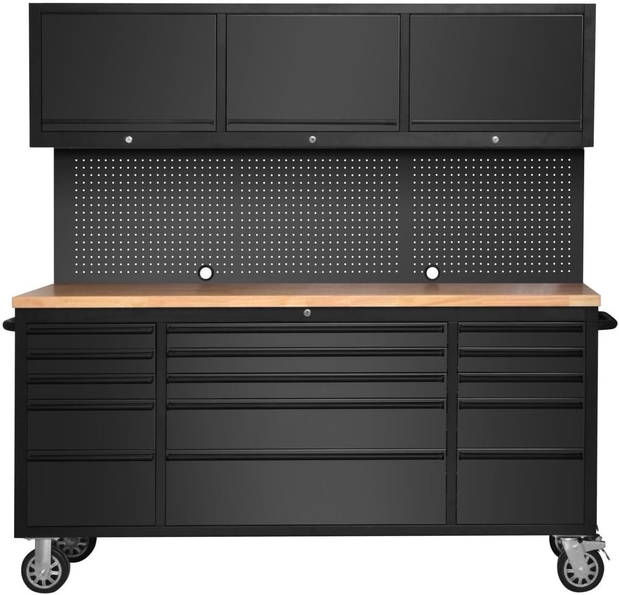 72-inch Tool Chest Cabinet Rolling Garage Workbench with 15 Storage Drawers and Wheels, 3 Upper Cabinet, Pegboard, Steel Large Tool Box,Matte Black