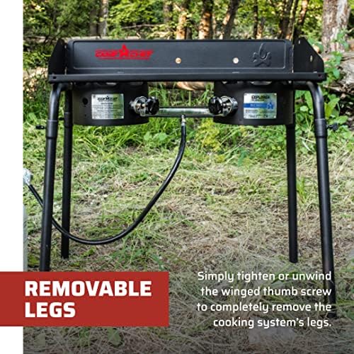 Camp Chef Explorer, Two Burner Stove, Two 30,000 BTU's cast-aluminum burners, Cooking Dimensions: 14 in. x 32 in, Black
