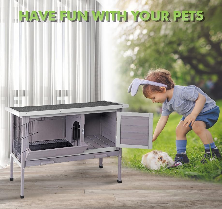 Rabbit Hutch, Wooden Bunny Cages Indoor with Deeper Leakproof Tray - Upgrade with Metal Wire Pan (Grey, Rabbit Hutch #001-B) Large