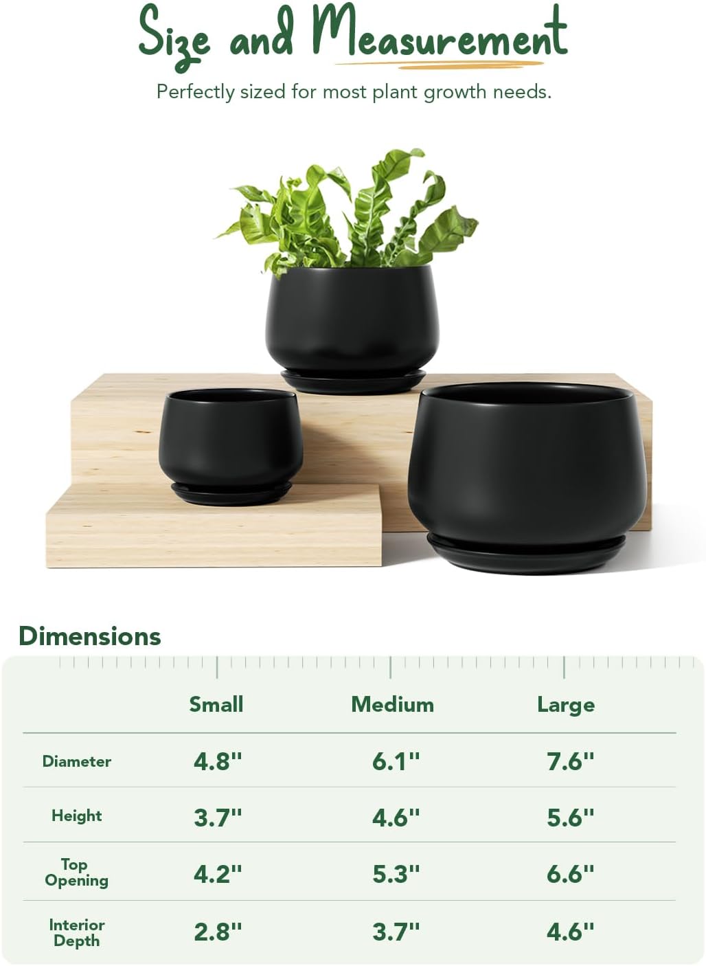 LE TAUCI Plant Pots, 4.1+5.1+6.5 inch, Set of 3, Ceramic Planters with Drainage Hole and Saucer, Indoor Flower Pot with Hole Mesh Pad, Gifts for Mom