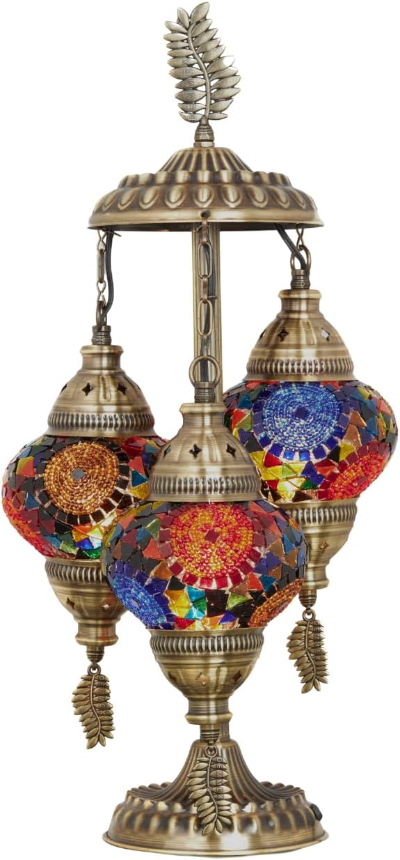 DEMMEX 3-Globe Turkish Moroccan Table Lamp, Tiffany Mosaic Glass Bedside Night Light, Handmade Colorful Mosaic Glass Globes & Antique Brass Finish Base, 21" H, Multicolor