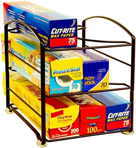 Deco Brothers Wrap Organizer Rack for Kitchen Cabinet, 3 Tier, Bronze | for Small / Standard Box, Height Clearance 2-1/2"