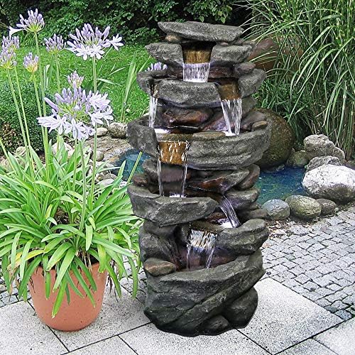 PeterIvan Outdoor Relaxing Waterfall - 6-Tier Fountain with 6 LED Lights, Stone-Liking Resin for Patio, Garden, House&Office (40.6in, Grey)