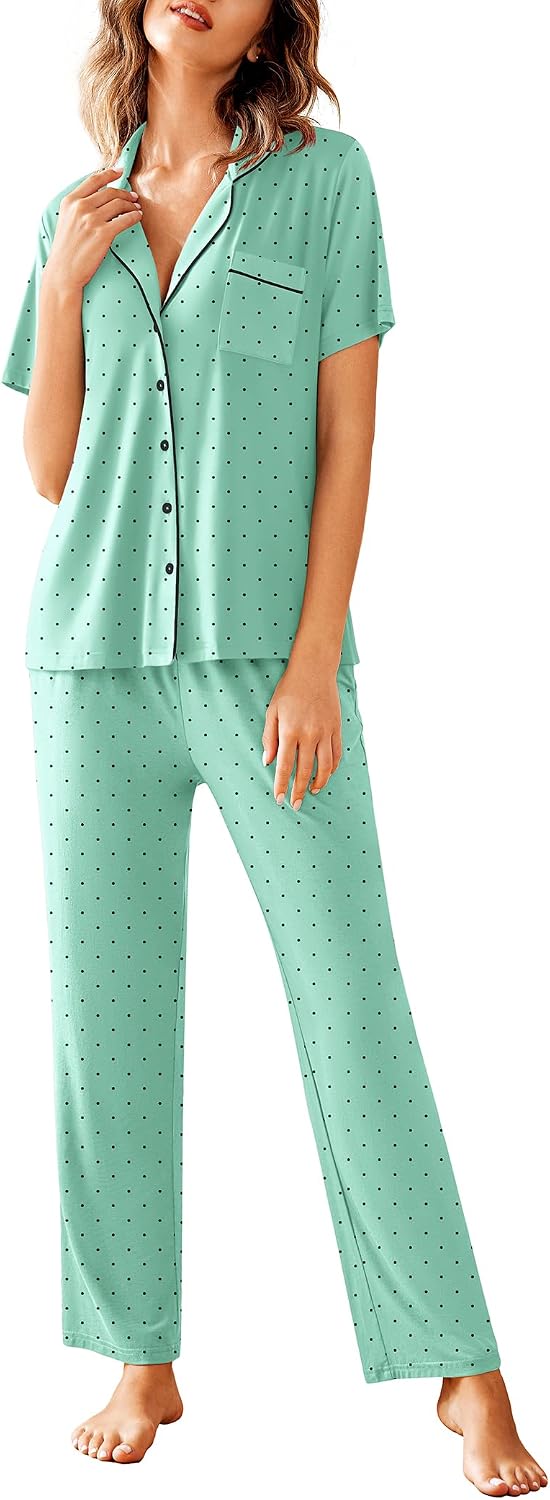 Avidlove Women Pajamas Set Notch Collar Soft Sleepwear Pjs Short Sleeve Button Down Nightwear with Long Pants