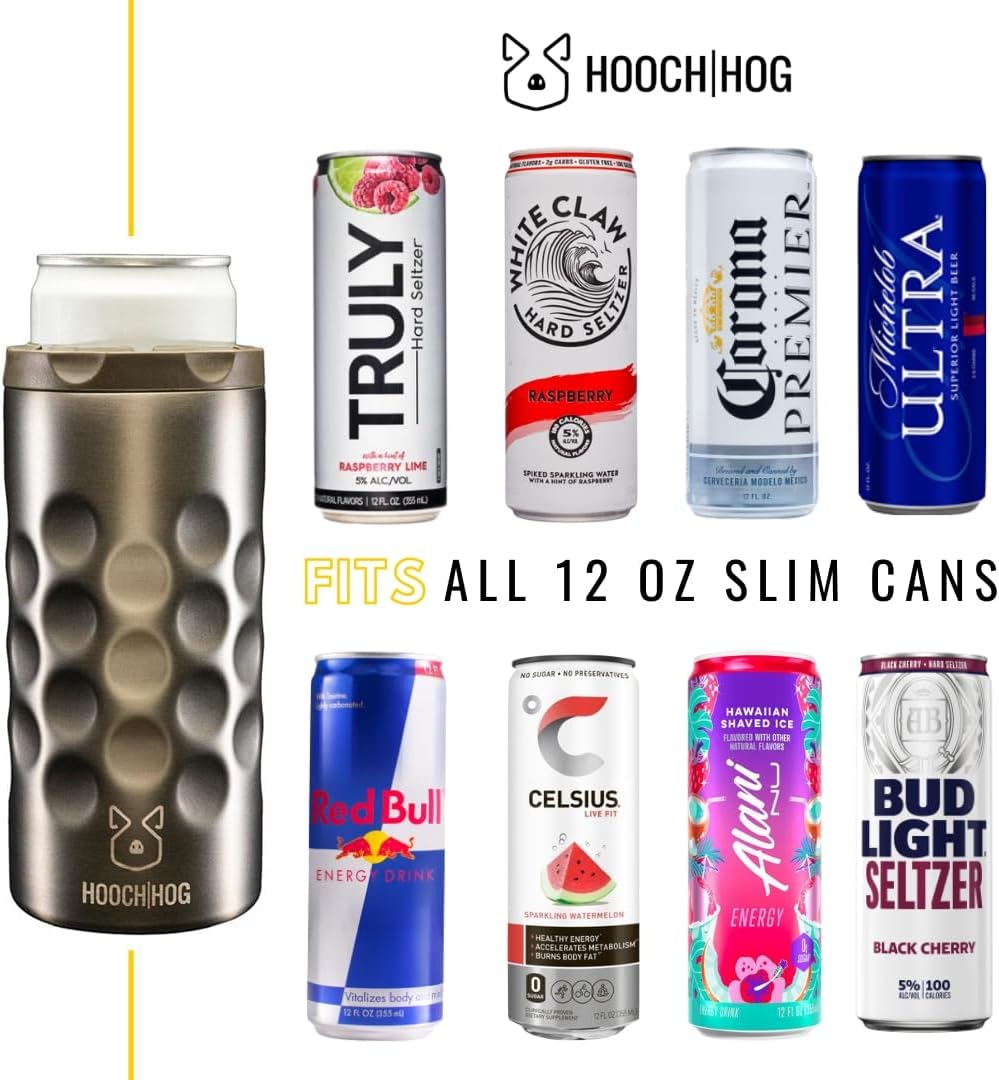 Hooch|Hog Slim Can Cooler Stainless Steel for 12 oz. Skinny Cans | 3x Insulated Beer Can Holder for Michelob Ultra, White Claw