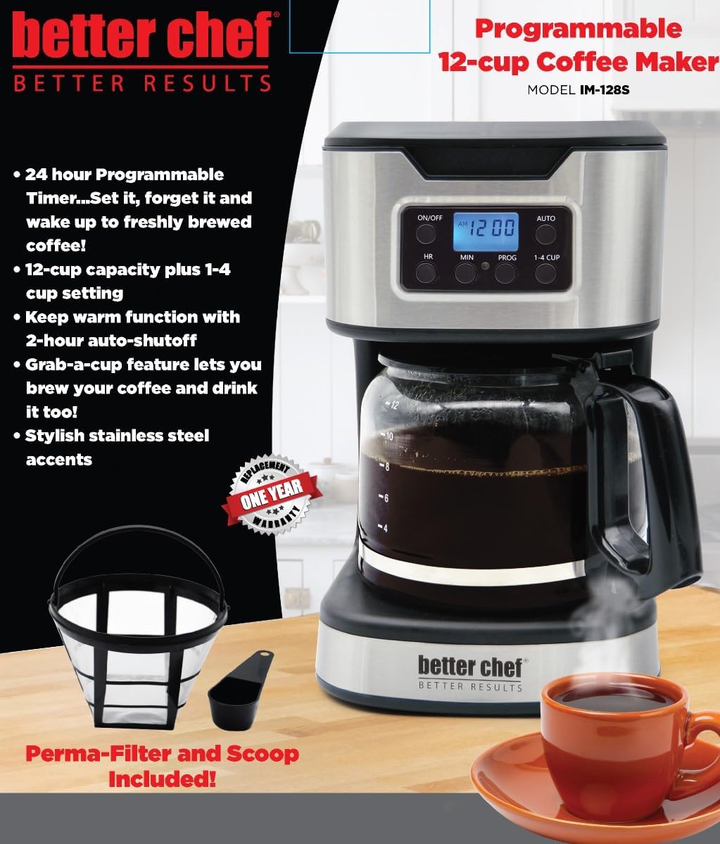 Better Chef Programmable 12-Cup Coffee Maker | 1-4 Cup Setting | Auto-Pause to Serve | 2hr Keep Warm | Perma-Filter | Stainless (Red)