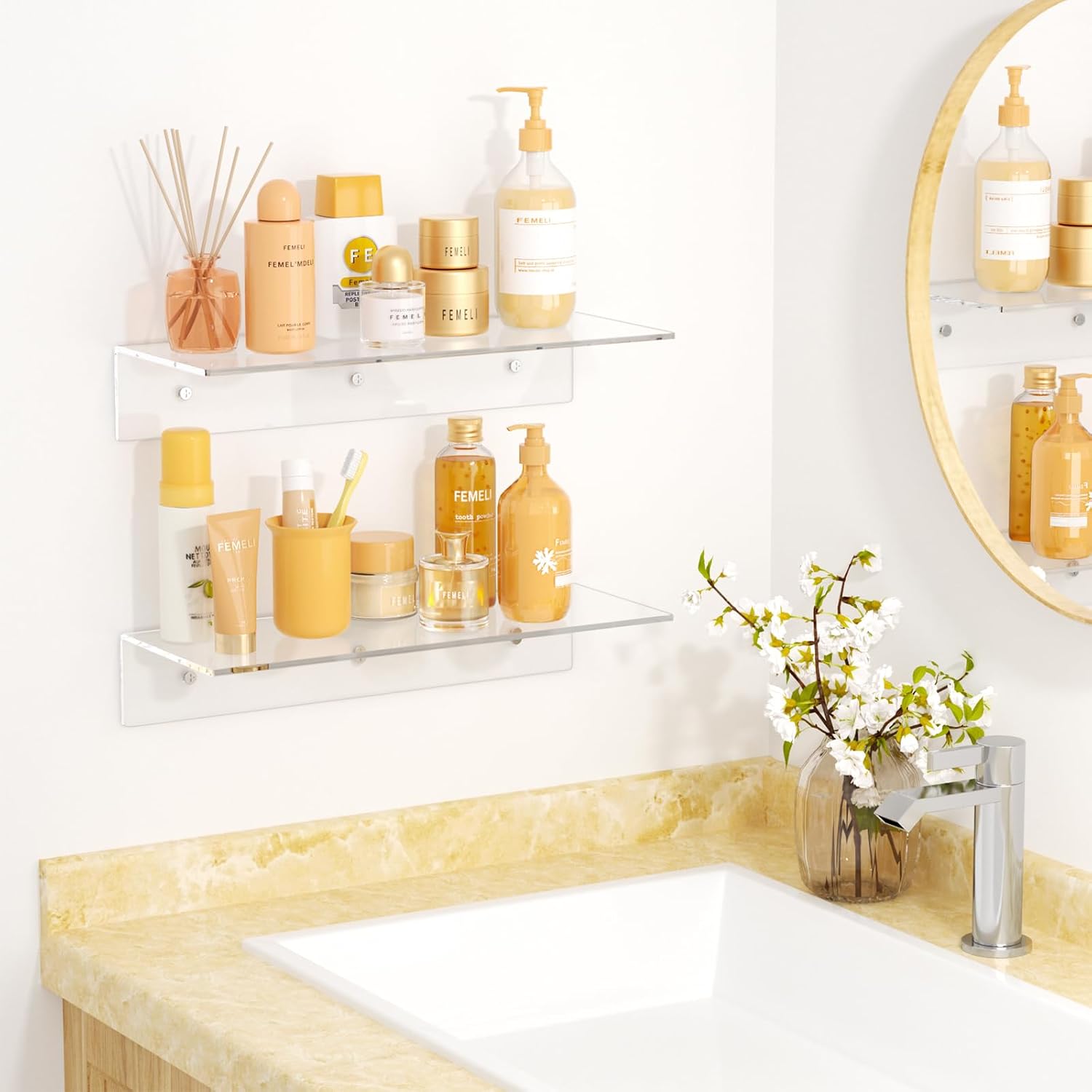 FEMELI 2 PCS 12" Acrylic Floating Shelves, Clear Shelf for Wall Display