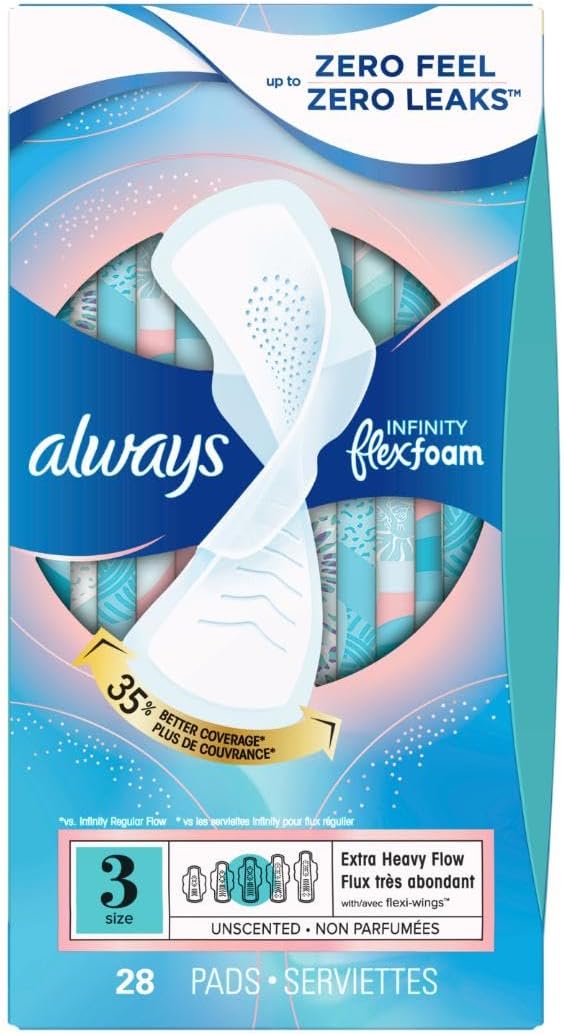 Always Infinity Feminine Pads for Women, Size 3, Extra Heavy Flow, with Wings, Unscented, 28 CT