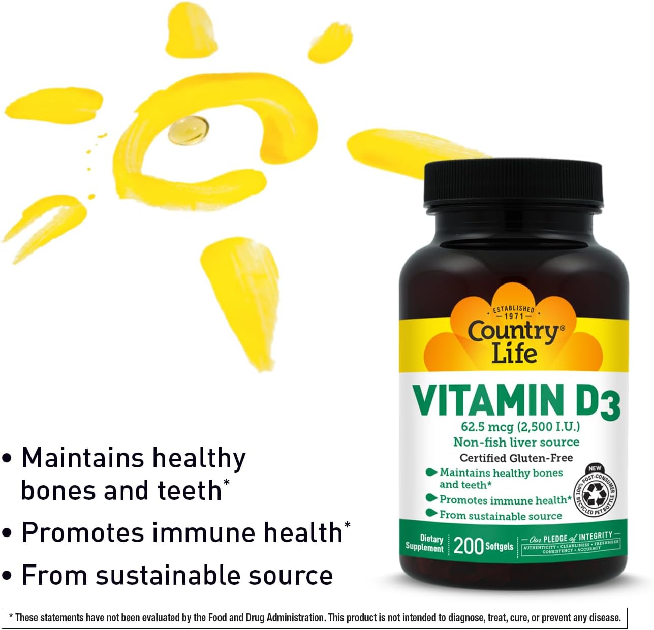 Country Life Vitamin D3 2500 IU, Non-Fish Source, 200 Softgels | Supports calcium absorption and helps maintain healthy bones