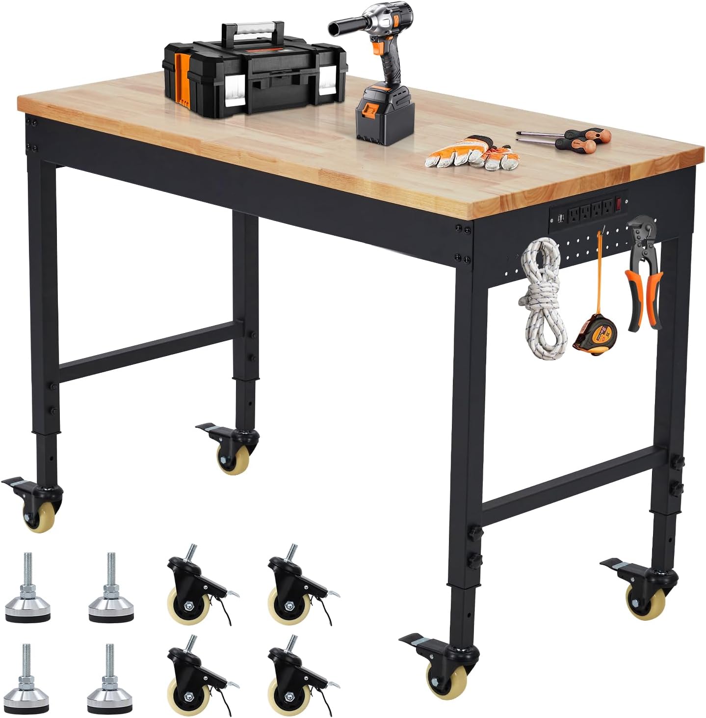 48’’x24’’ Adjustable Workbench,Workbench with Drawers,Darage Workbench with Pegboard,2000 LB Load Capacity,4 Rolling Casters, Power Outlets, Metal Frame,for Garage, Workshop, Home, Office