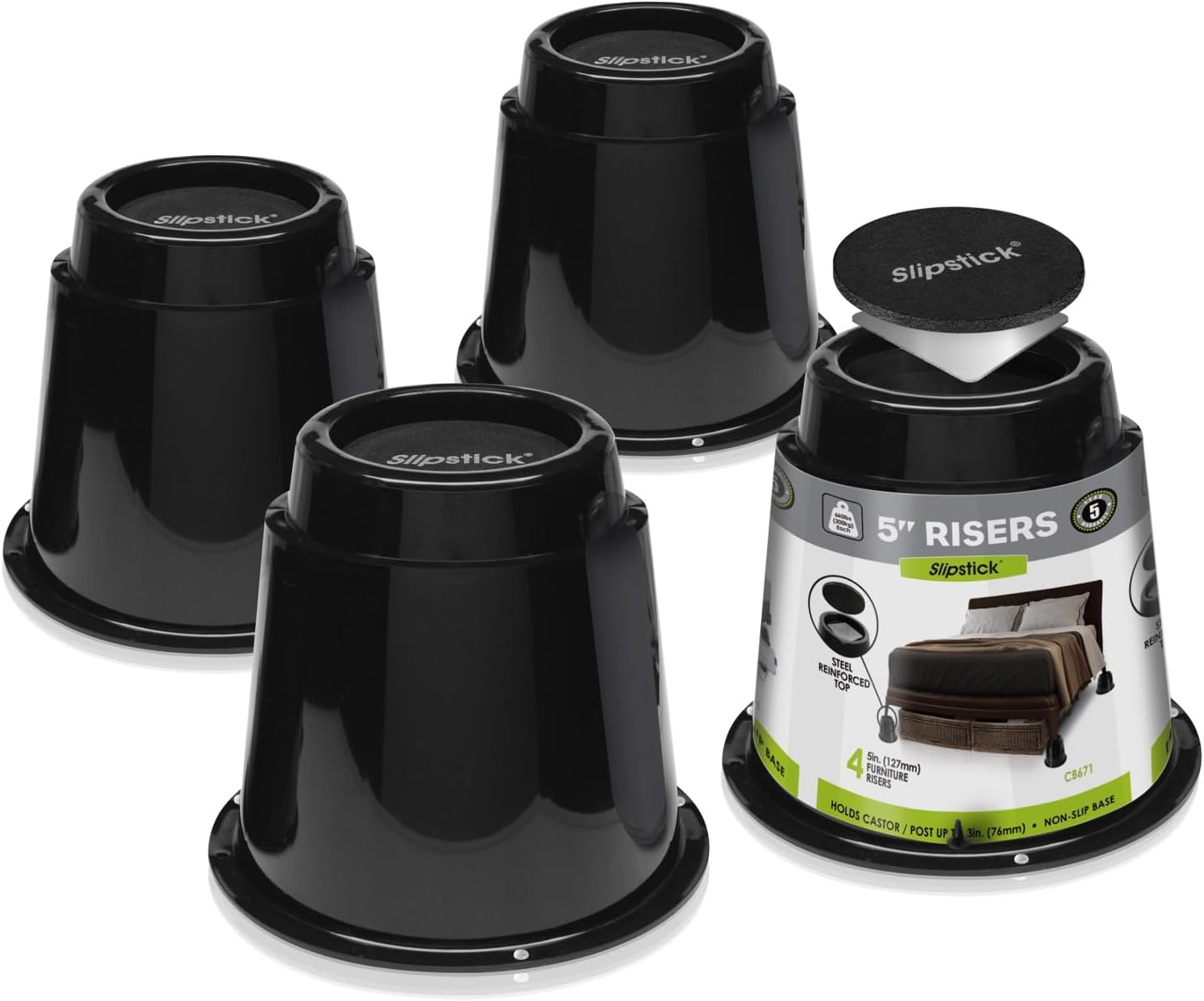 Slipstick CB672 Premium 3 Inch Bed Risers/Furniture Raisers with Steel Reinforced Caster Wheel Holder Top, Lifts Height 3" (4 Pack) Supports 2