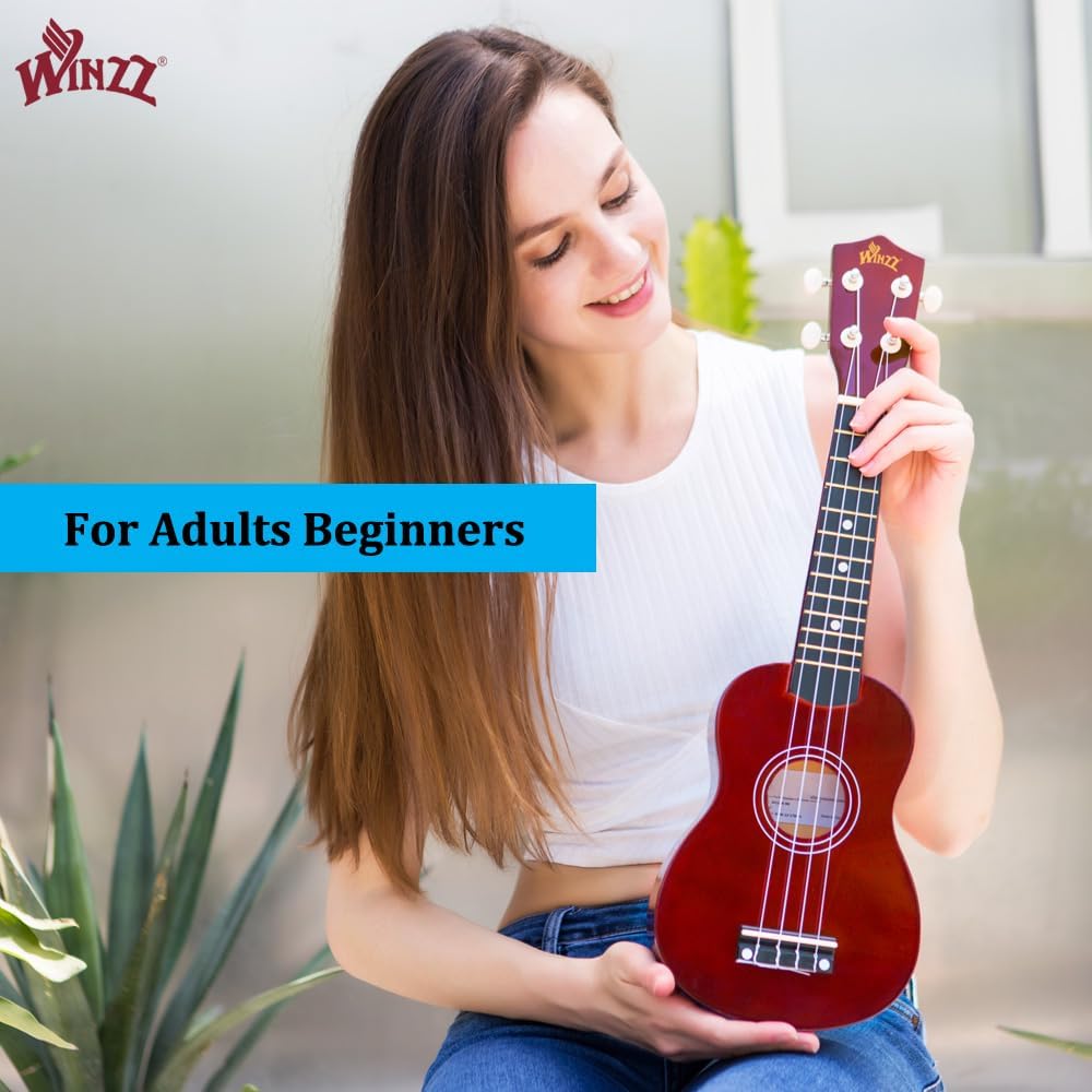 Winzz Soprano Ukulele Starter Kit For Beginners with Bag, Clip-On Tuner, Extra Strings, Strap, Plectrum, Fret Stickers, Chords Card, Polishing Cloth, Black