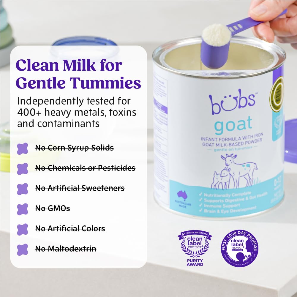 Bubs Whole Goat Milk Infant Formula for 0-12 Months, Non-GMO Milk, 20 oz | Goat Milk-Based Powder with Iron, DHA, ARA, Prebiotics & Essential Nutrients to Support Gentle Digestion