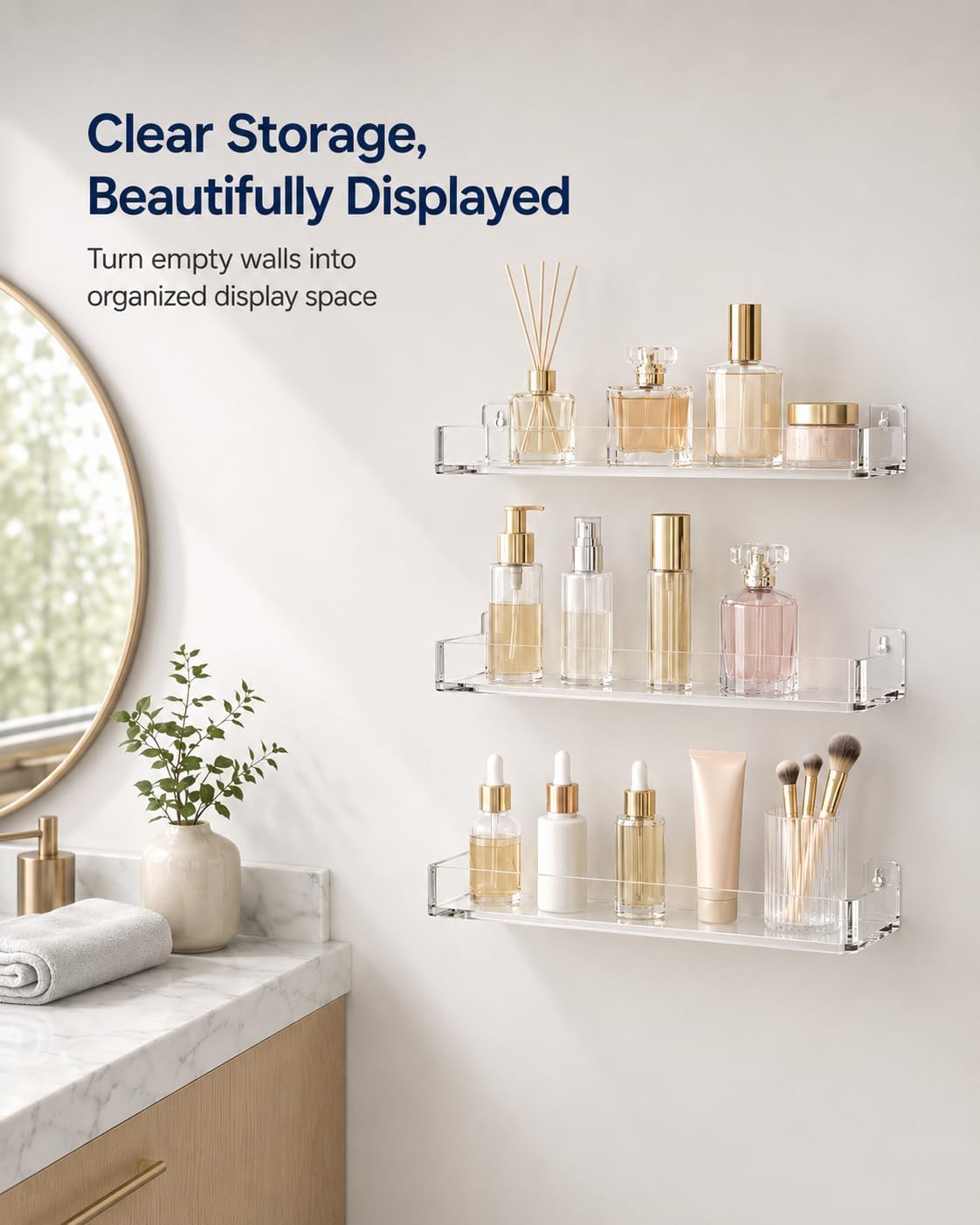 MaxGear Acrylic Floating Shelves, Clear Perfume Shelf for Wall, Set of 3