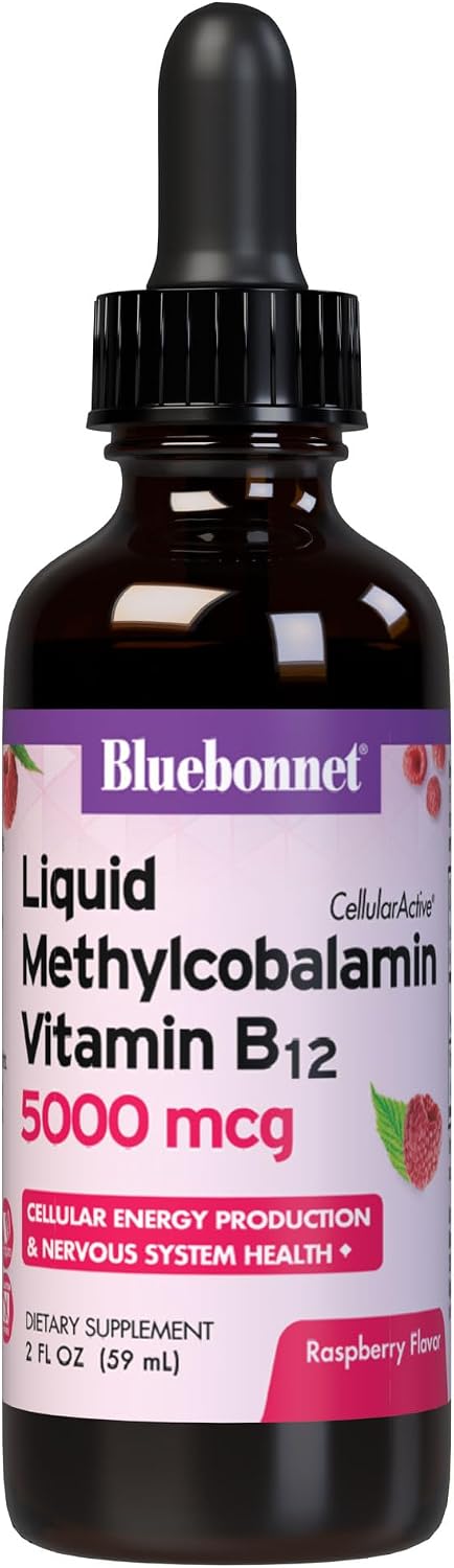 Bluebonnet Liquid Methylcobalamin Vitamin B12 5000 mcg Active Coenzyme Form of Vitamin B 12 Liquid Drops Energy Supplement for Women & Men - Vegan
