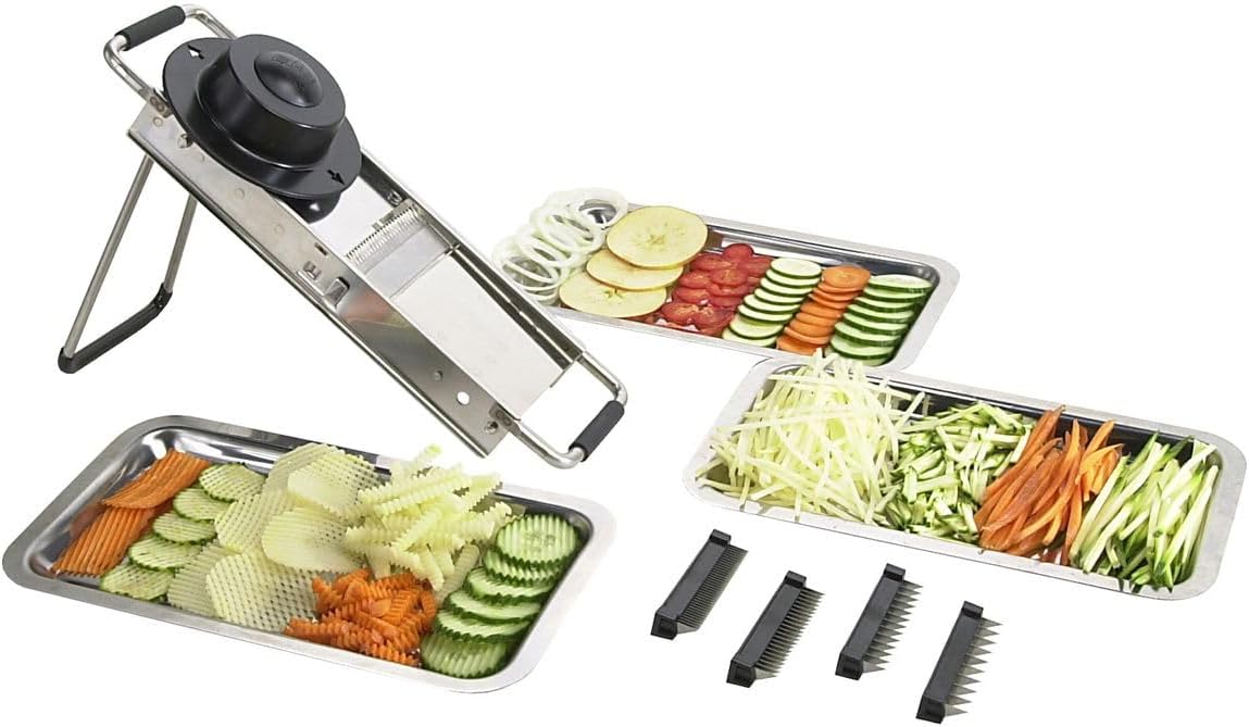 Bron Coucke Professional Mandoline Slicer – Stainless Steel – Julienne, Waffle & French Fry Cutter – Adjustable Thickness