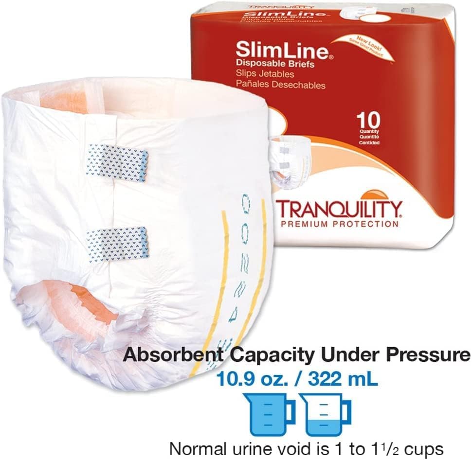 Tranquility Slimline Original Adult Disposable Brief, Adult X-Small, Incontinence Care with a Slimmer Fit, Peach Mat Core & Kufguard Technology for Max Comfort, Latex-Free, 10.9oz Capacity, 100ct Case