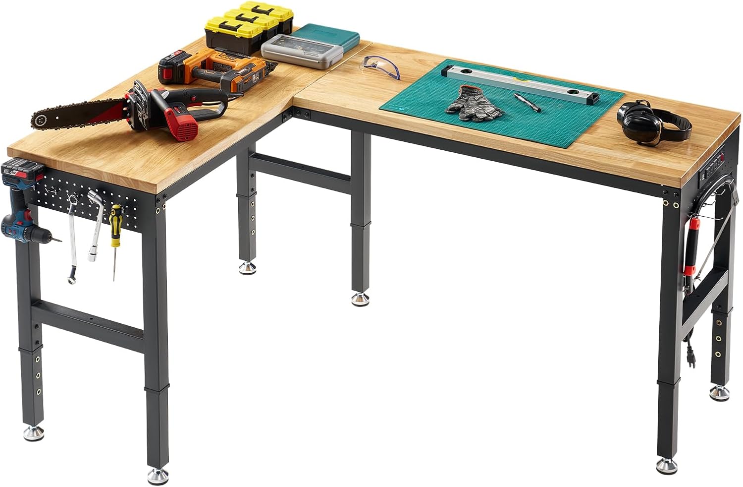 SPECRAFT Adjustable Black Heavy-Duty Workbench | 2000 Lbs Capacity, Rubber Wood Top, 4 AC Outlets and 2 USB Ports, for Garage, Workshop and Office