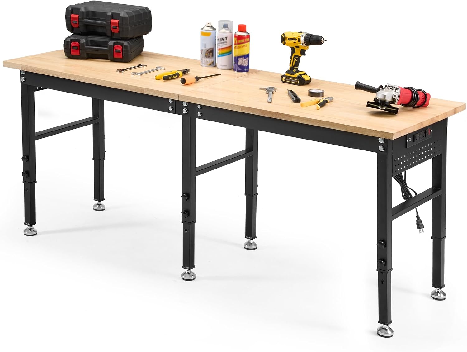 48" Adjustable Rubberwood Workbench with Foldable Extension Board & Power Outlet, Extra Large 48x32In 9-Level Height 27"-37", 2000 LBS Heavy Duty for Workshop Garage Office Home