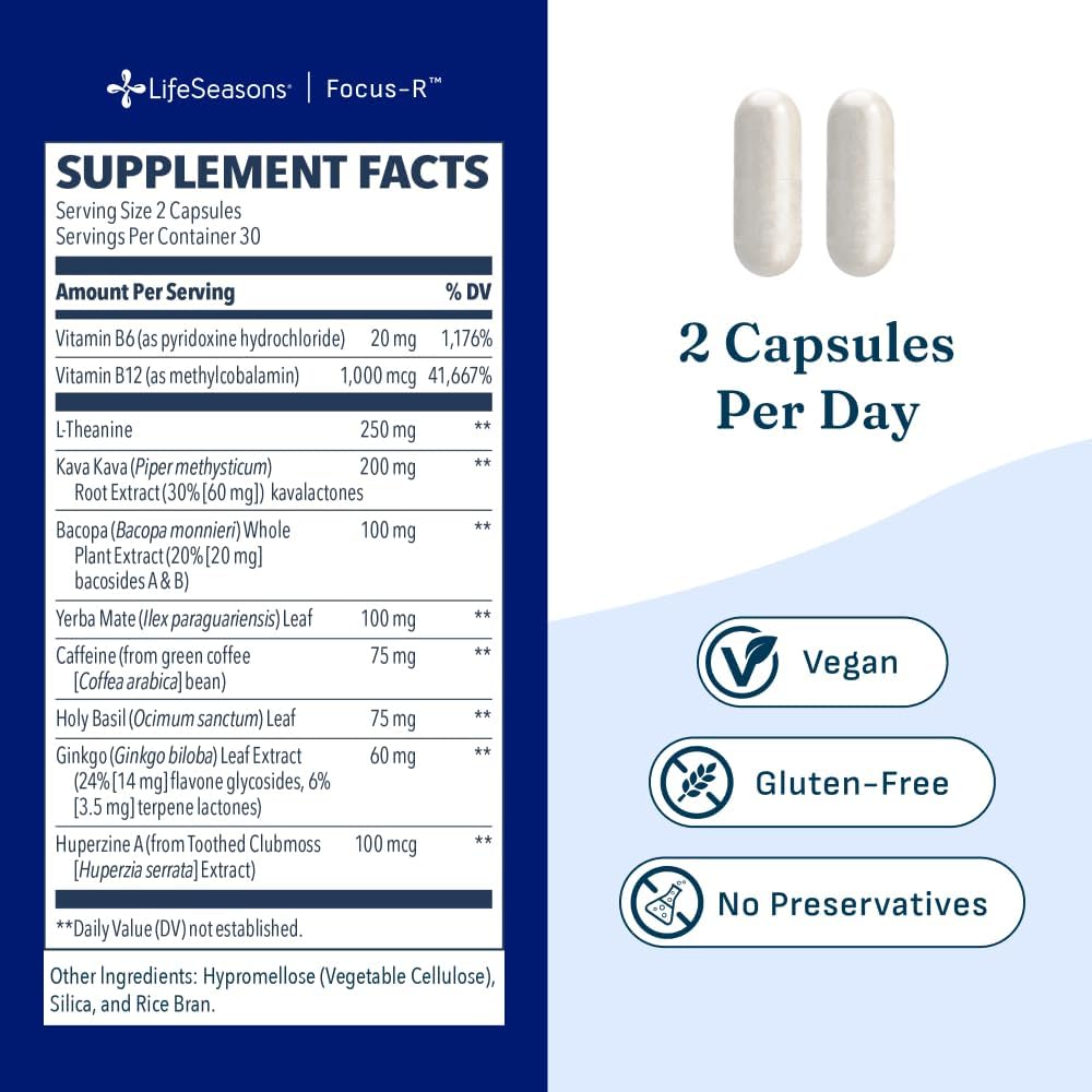 LifeSeasons Focus-R Concentration Support – Memory, Focus & Mental Clarity Supplement with Bacopa, Rhodiola