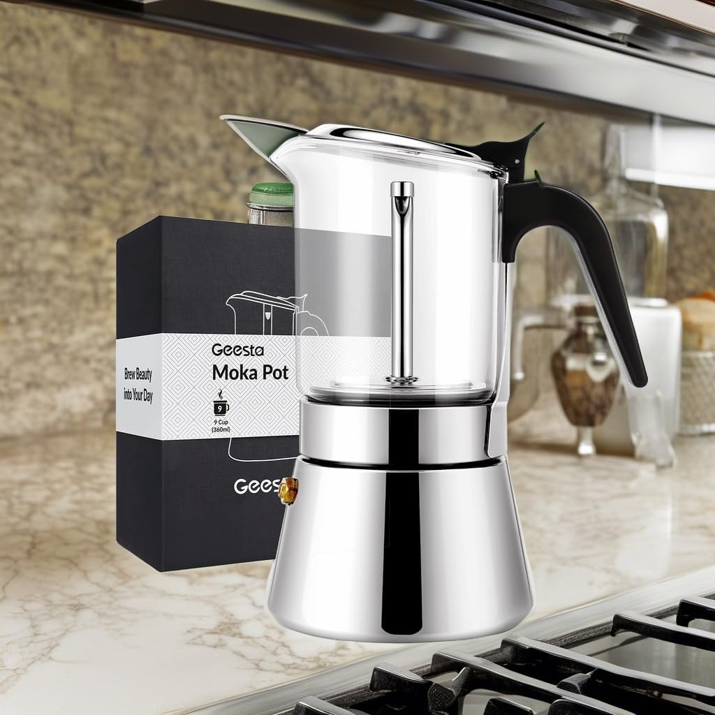 Geesta Premium Crystal Glass-Top Stovetop Espresso Moka Pot - 4/6/ 9 Cups - Stainless Steel Coffee Maker- 160ml/5.6oz/4 cup (espresso cup=40ml)