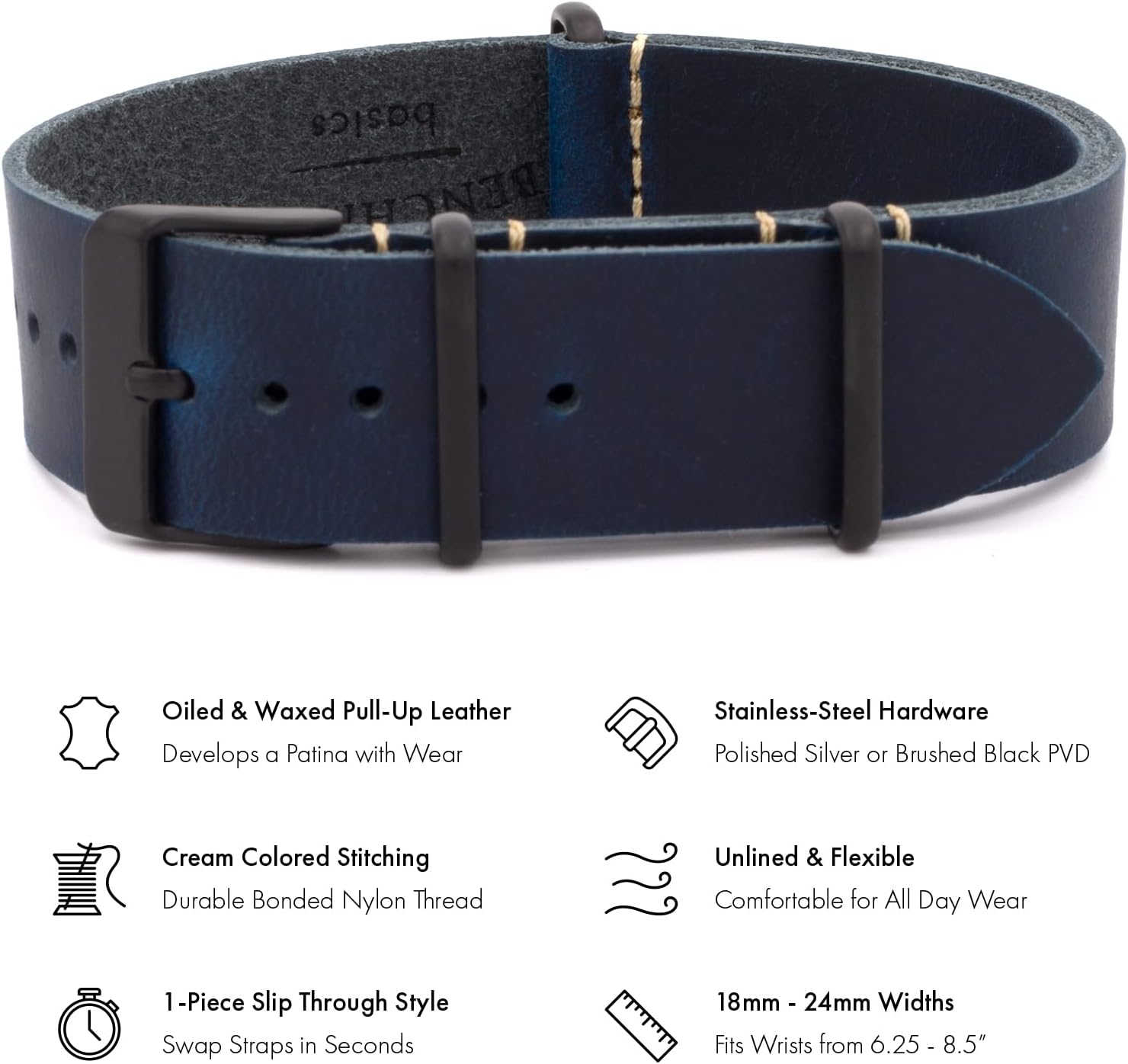 Benchmark Leather Watch Band - Crazy Horse Oiled Leather One-Piece Watch Straps for Men or Women - 18mm, 20mm, 22mm or 24mm Widths
