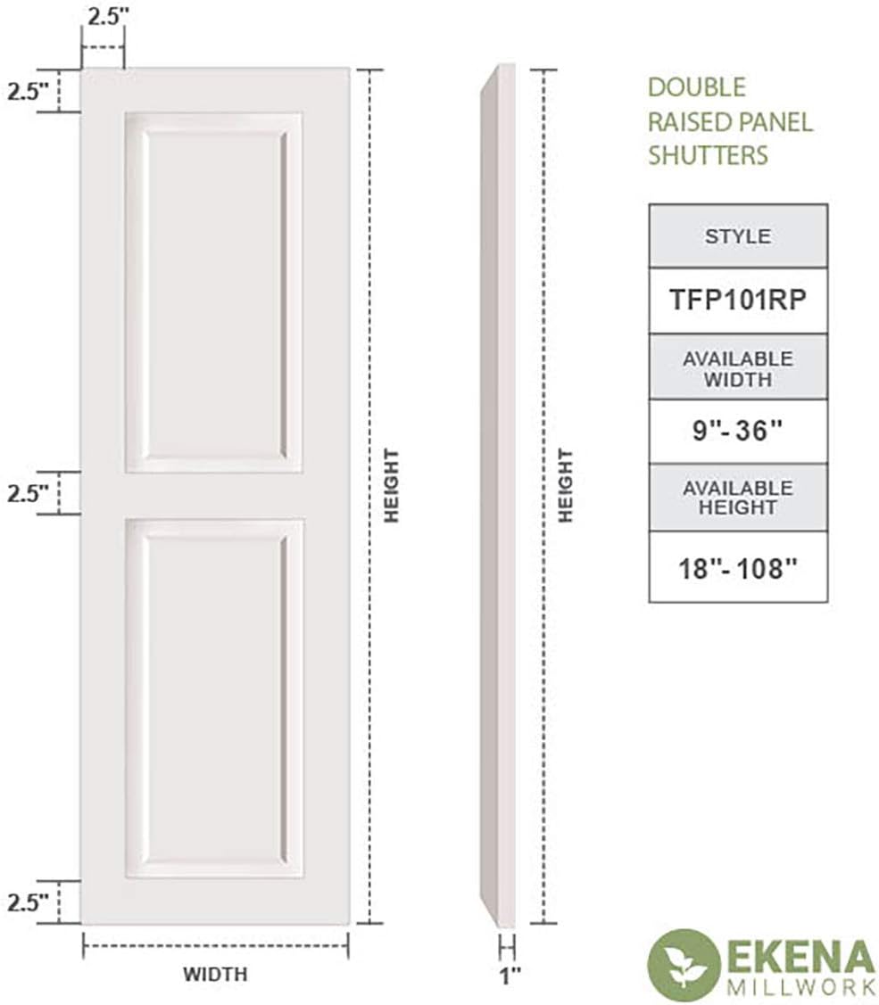 12"W x 36"H True Fit PVC Two Equal Raised Panel Shutters, Primed (Per Pair - Hardware Not Included)