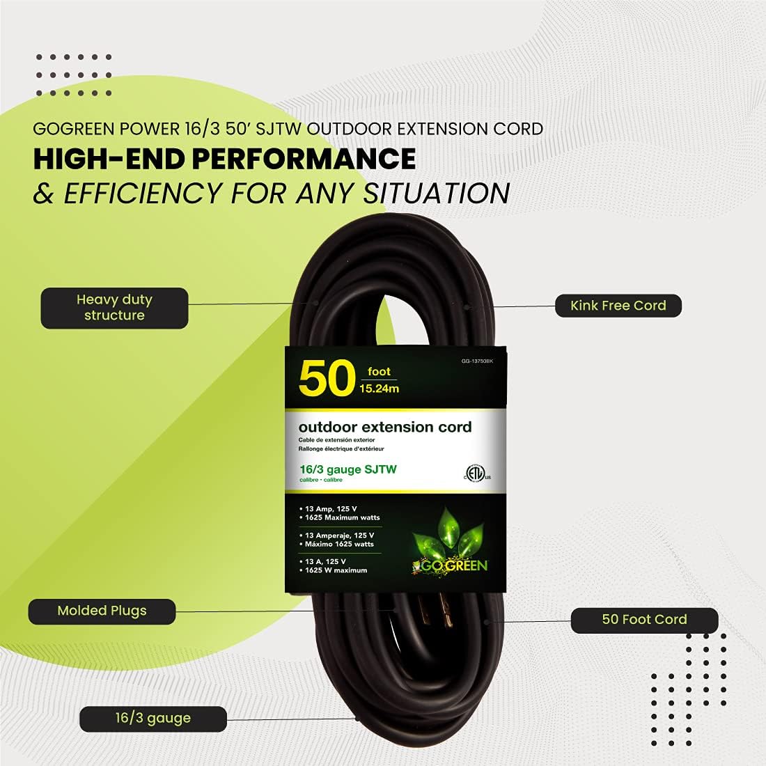 Go Green Power Inc. (GG-14025) 12/3 SJTW Outdoor Extension Cord, Lighted End, 25 ft