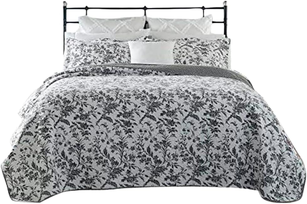 Laura Ashley – Queen Quilt Set, Soft & Lightweight Toile Bedding with Matching Shams, Reversible Floral Room Decor, College Dorm Room Essentials (Amberley Blue)