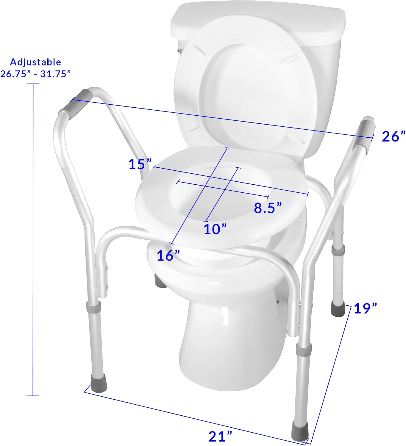 PCP Raised Toilet Seat and Safety Frame, Pre-Assembled Tool Free, Secure Adjustable Height, Made in USA, Regular