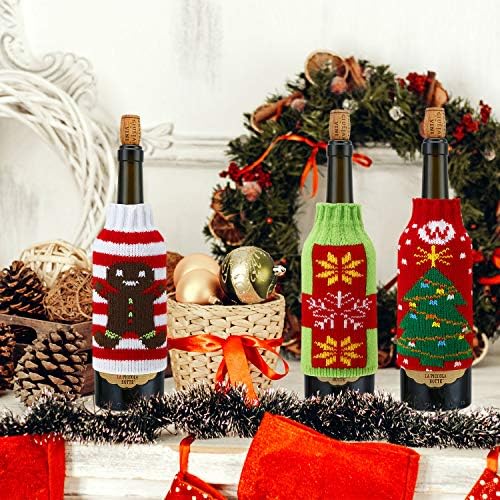 Boao 6 Sets Christmas Wine Bottle Cover and Hats Decoration Handmade Ugly Sweater Knit Wine Bottle Dress Santa Reindeer Snowman for Christmas