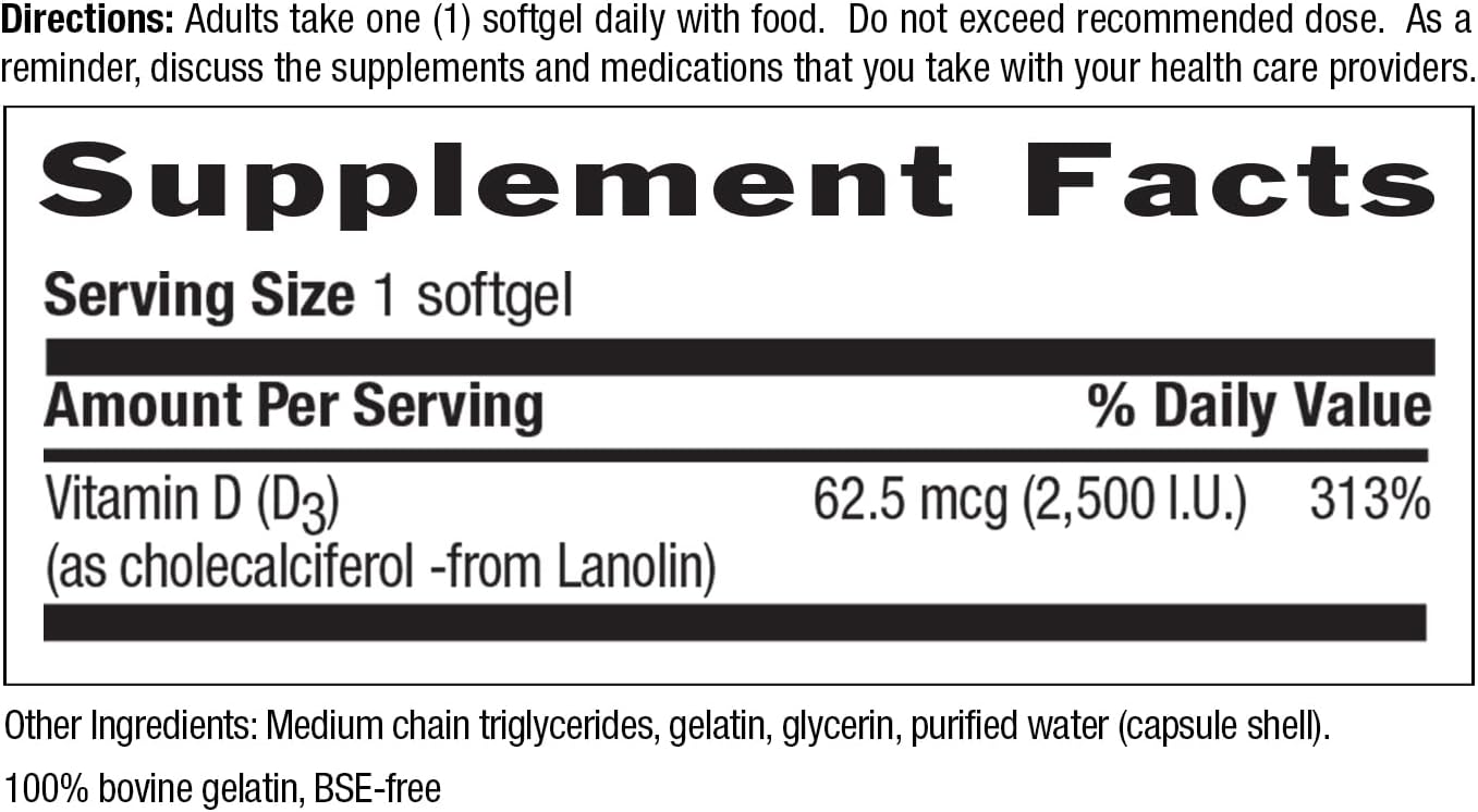 Country Life Vitamin D3 2500 IU, Non-Fish Source, 200 Softgels | Supports calcium absorption and helps maintain healthy bones