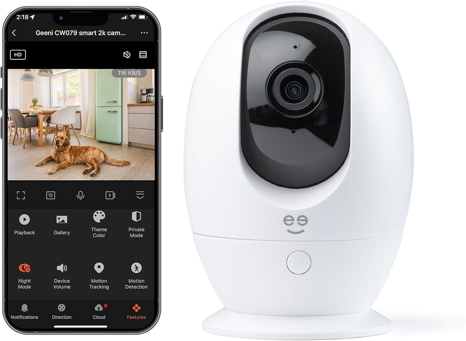 Geeni PetConnect Auto-Rotate Crystal-Clear 2K Quad HD Smart Pet Camera | 2560X1440 2K resolution at 20 fps, motion detection, night vision