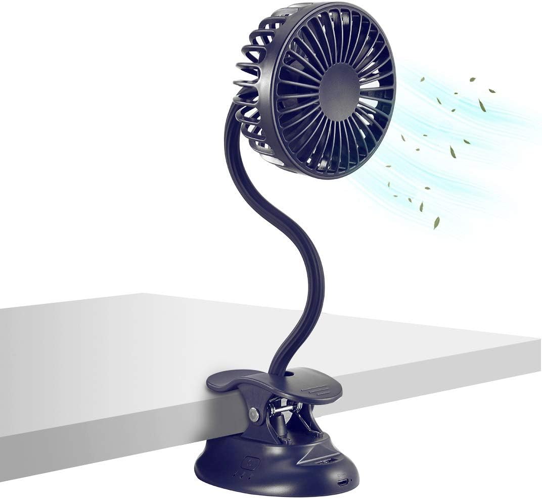Clip On USB Mini Desk Fan with Emergency Power Bank, Battery Operated Rechargeable Portable Fan - Flexible Neck, 3 Speed Personal Cooling for Car