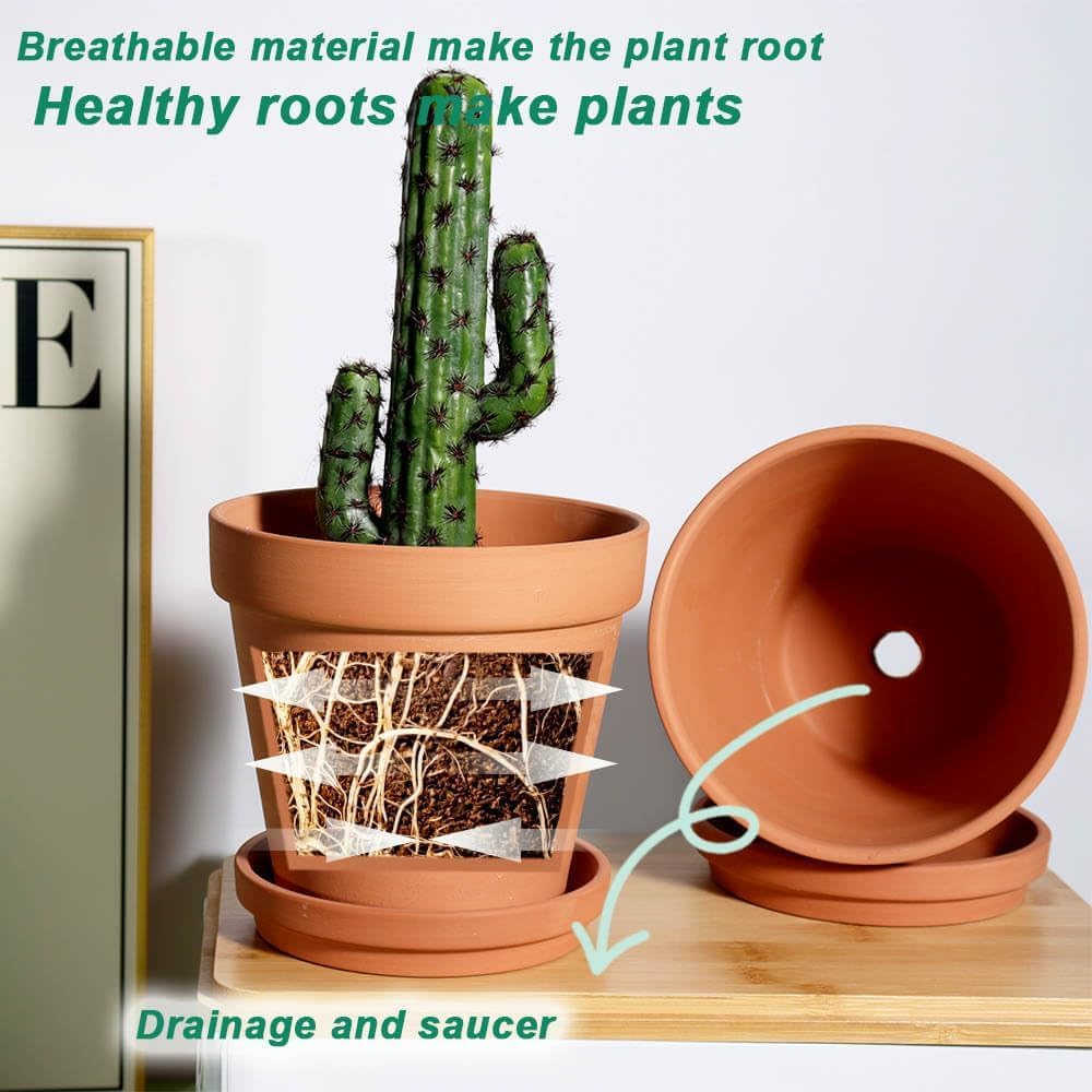 vensovo 8 Inch Clay Pot for Plant with Saucer - 2 Pack Large Terra Cotta Plant Pot with Drainage Hole, Clay Planters Pot