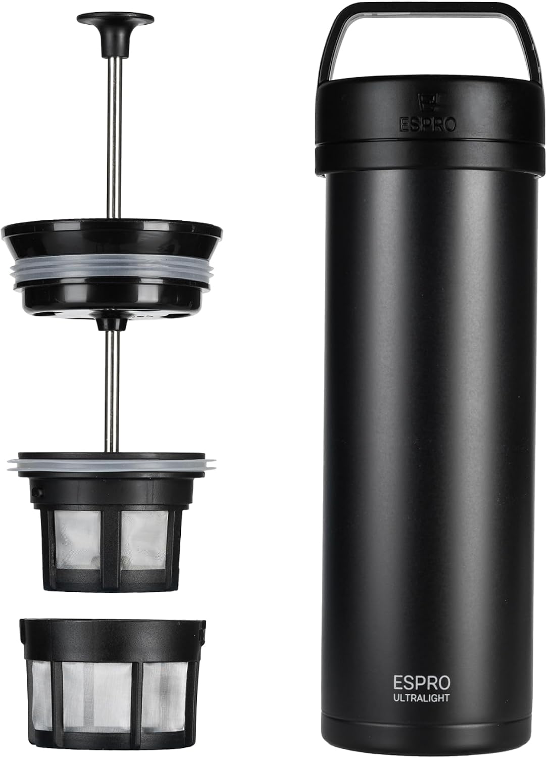 ESPRO Go P0 Ultralight French Press Coffee Maker for Travel, Vacuum Insulated Stainless Steel, 16 Ounces, Matte Meteorite Black