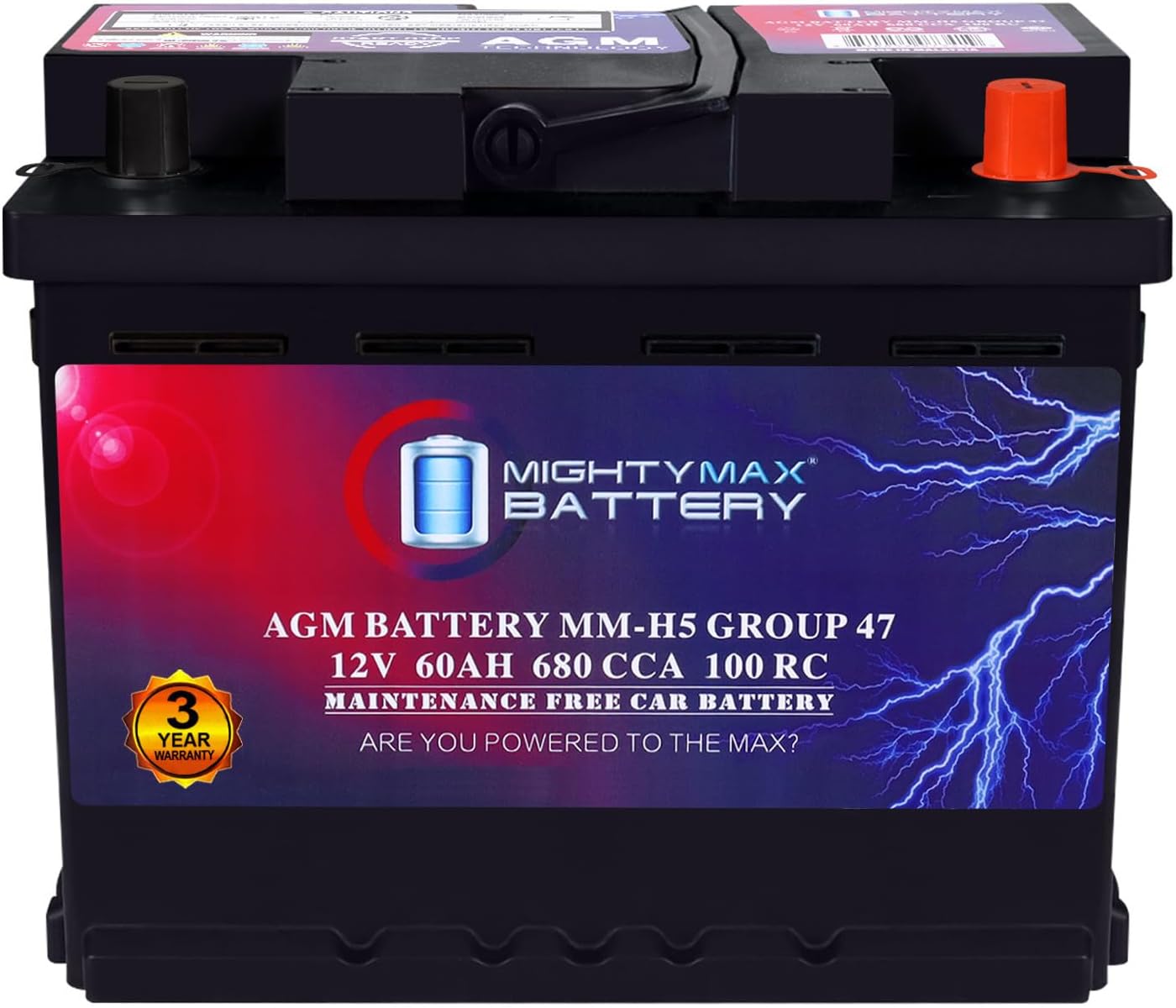 Mighty Max Battery MM-H8 Start and Stop Car BCI Group 49 12V 95Ah, 160RC, 900 CCA Rechargeable AGM Car Battery