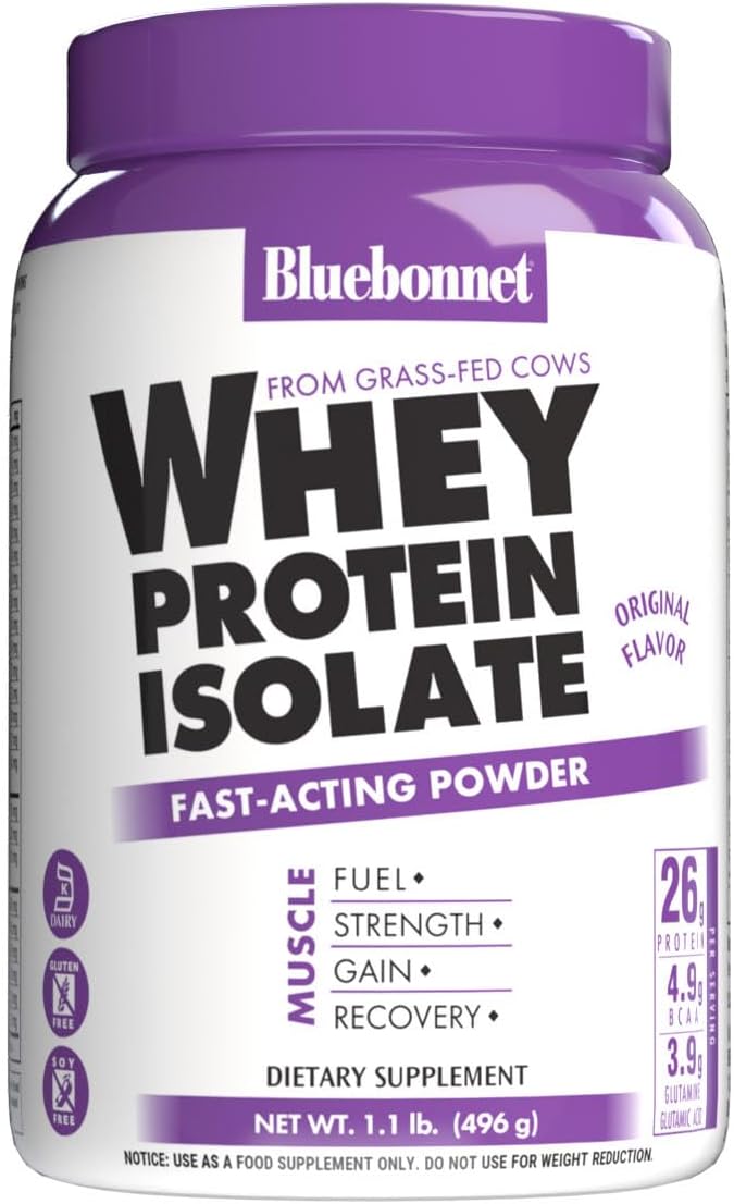 Bluebonnet Nutrition Whey Protein Isolate Powder, Whey from Grass Fed Cows, 26 Grams of Protein, No Sugar Added, Gluten Free, Soy Free, Kosher Dairy, 2.2 lbs, 32 Servings, Original Unflavored | Kosher