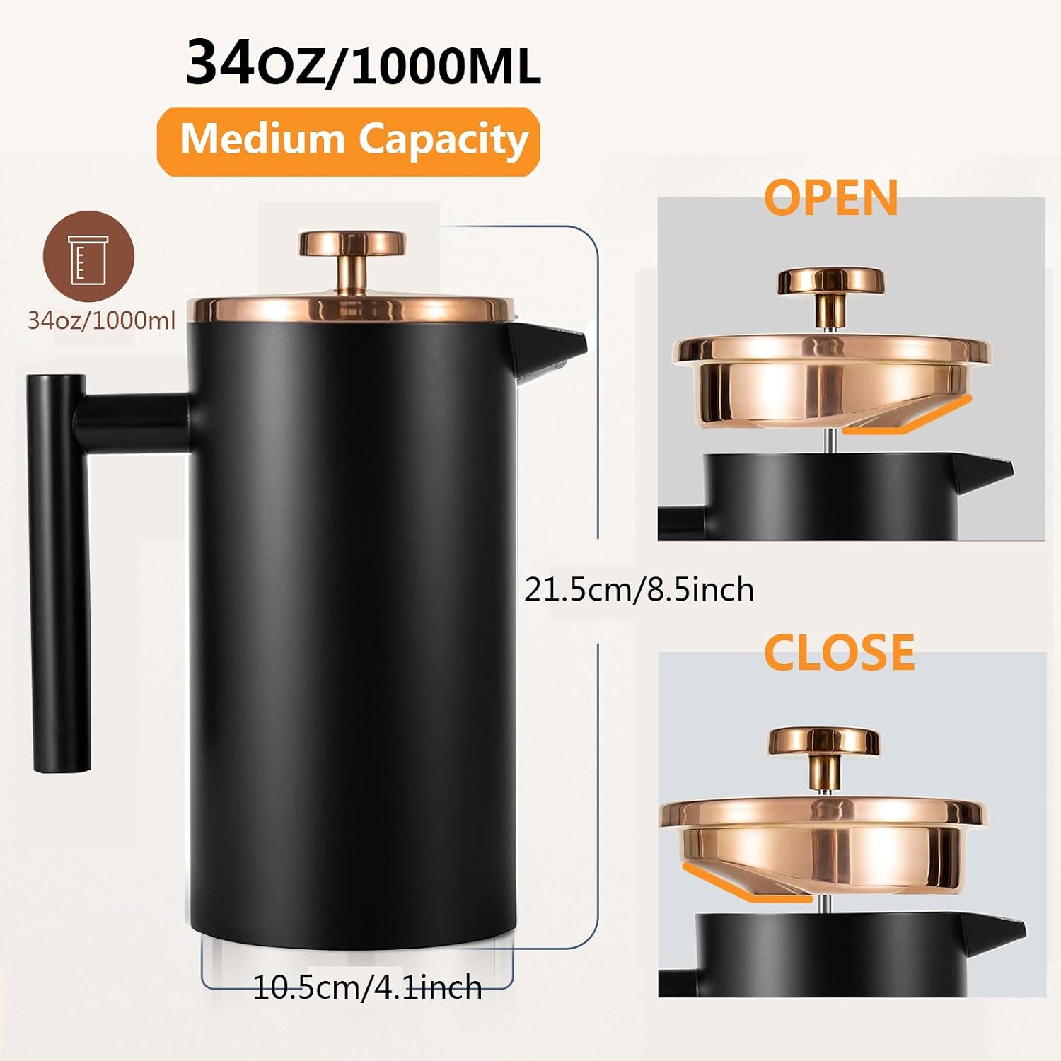 Black French Press Stainless Steel 34oz