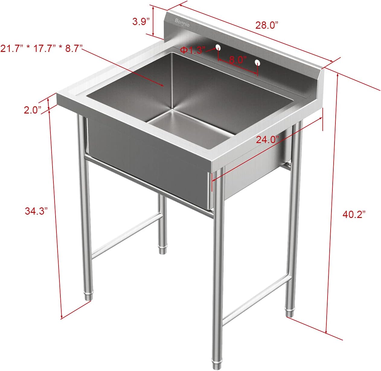 VINGLI Upgraded 28" Free Standing 304 Stainless Steel Utility Sinks for Laundry Room with Backsplash