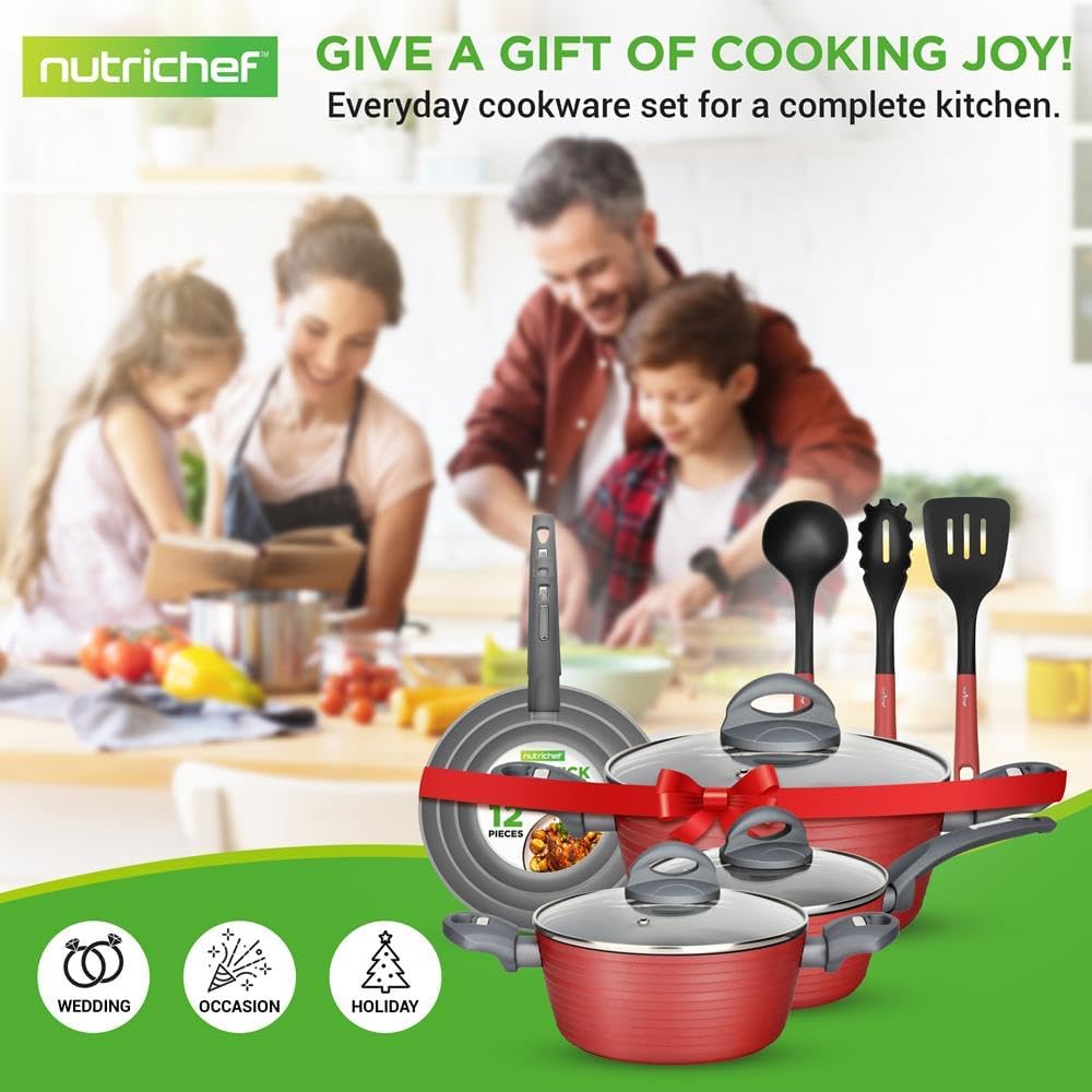 NutriChef Professional 12-Piece Nonstick Cookware - PFOA/PFOS-Free, Heat Resistant Lacquer, Elegant Design, Multi-Sized Pots and Pans, Teal/Gray/Green