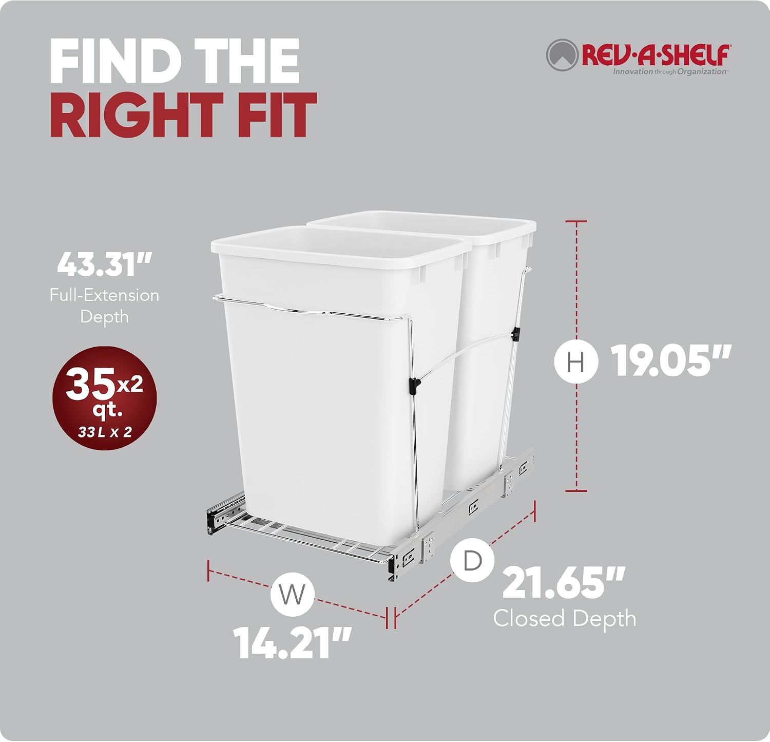 Rev-A-Shelf Double Pullout Garbage Trash Cans for Kitchen Cabinets, 35 Qt