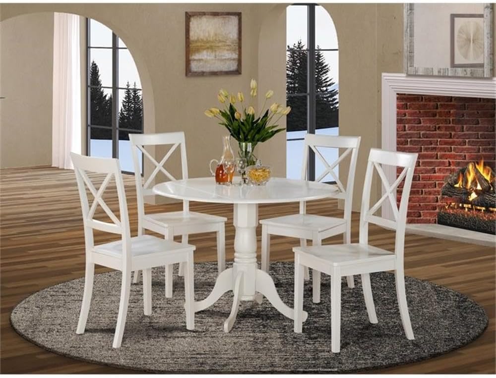 East West Furniture DLBO3-WHI-W 3 Piece Dining Room Table Set Contains a Round Kitchen Table with Dropleaf and 2 Dining Chairs, 42x42 Inch, Linen White