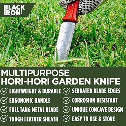 Black Iron Hori Hori Garden Knife [7 Inches, Japanese Stainless Steel] Durable Gardening Tool for Weeding, Digging