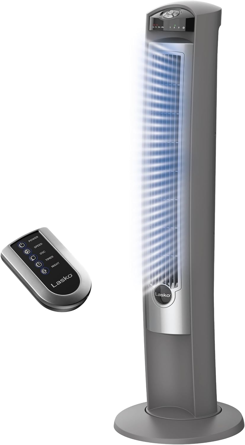 Lasko Oscillating Tower Fan with Remote - 42" - T42951 - Silver | Quiet Standing Fan for Bedroom, Office, and Home, 3 Speeds, Timer, Powerful Cooling Air, Nighttime setting, Space-Saving
