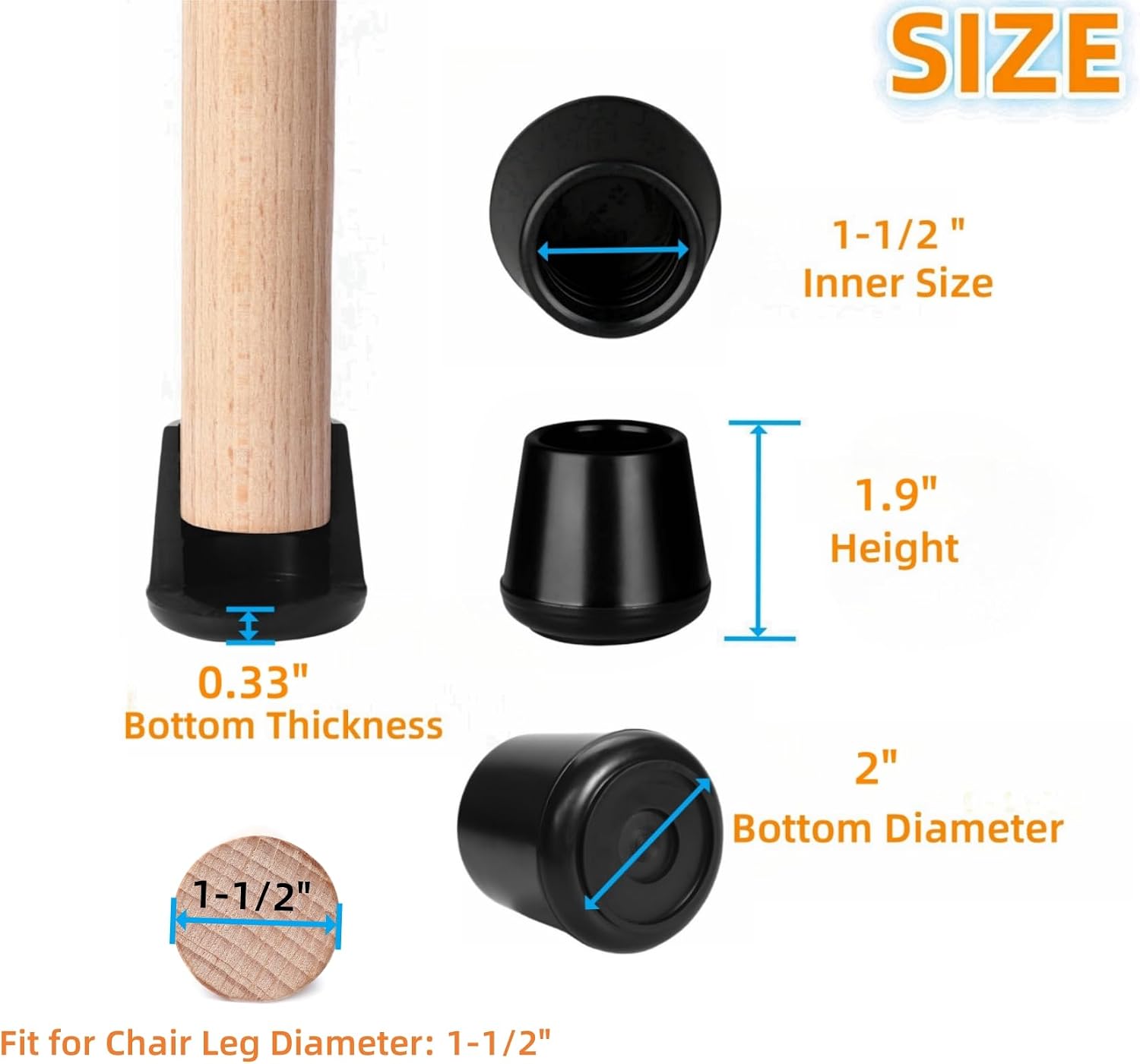 Furnigear Chair Leg Tips Caps Non-Slip Rubber Leg Tips 1-1/2” Inner Diameter Chair Leg Floor Protectors Round Black 4 Pack (Fit Round Diameter