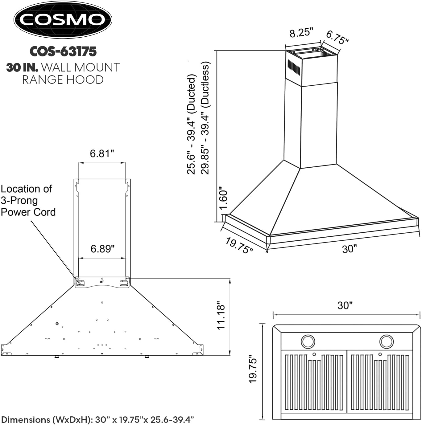 30 in. Vista Coll 380 CFM Ducted Wall Mount Range Hood LED, Stainless Steel | Cosmo COS-63175 Push Button Controls, 3 Fan Speeds